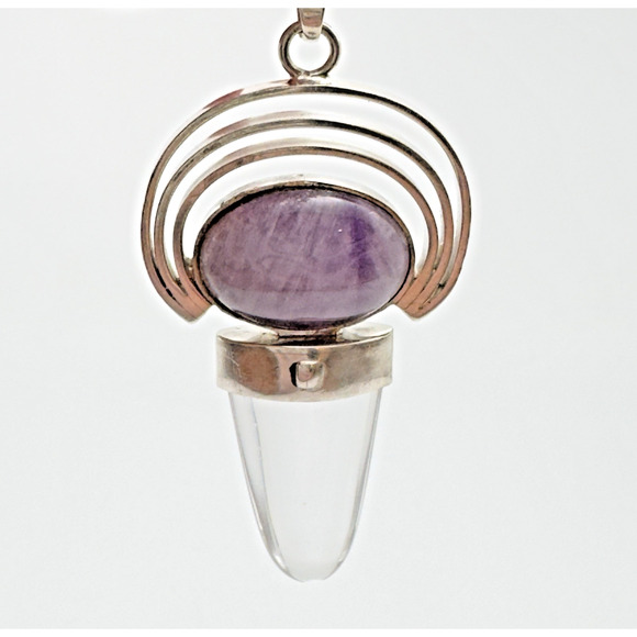 Sterling Silver Purple Stone Pendant Clear Stone Architectural Modern - Picture 2 of 7